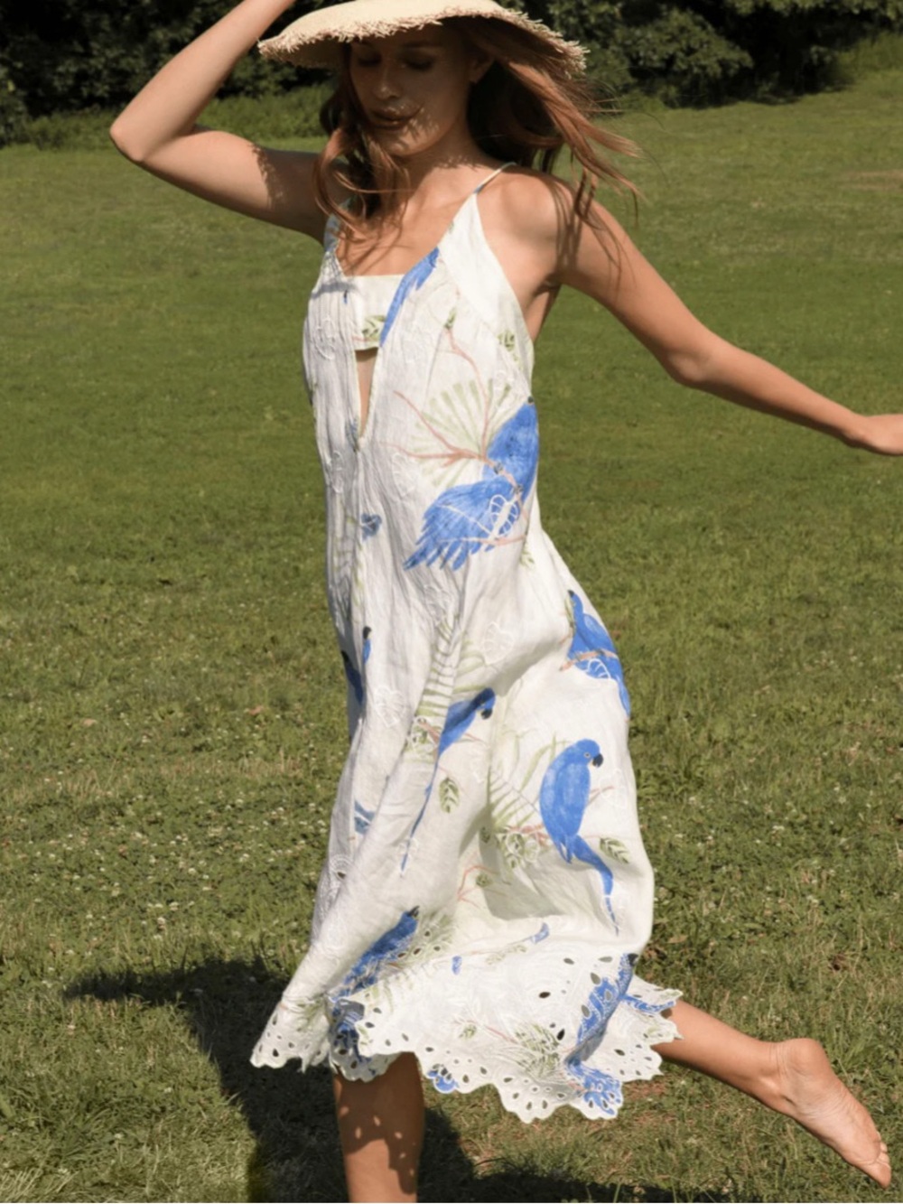 RARE Farm Rio Linen Parrot & Floral Print Embroidered Maxi Dress Oversized Sz S - Picture 6 of 12